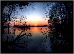 Jezioro, Zachód, Słońca, Drzewa