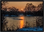 Jezioro, Drzewa, Zachód, Słońca, Śnieg