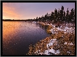 Jezioro, Las, Zachód, Słońca, Śnieg