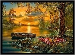 Jezioro, Łódka, Zachód, Słońca, Koc
