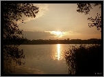 Jezioro, Zachód, Słońca, Szuwary