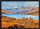Jezioro, Góry, Łąki, Drzewa, Szkocja, Jesień