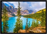 Park Narodowy Banff, Jezioro, Moraine Lake, Góry, Drzewa, Las, Tęcza, Chmury, Alberta, Kanada