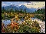 Kanada, Alberta, Park Narodowy Banff, Góry, Jezioro, Vermilion Lake, Drzewa, Jesień