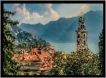Jezioro Lugano, Góry, Alpy Szwajcarskie, Drzewa, Wieża, Katedra św. Wawrzyńca, Domy, Dachy, Chmury, Lugano, Kanton Ticino, Szwajcaria