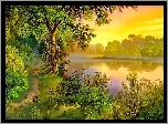 Jezioro, Dróżka, Wędkarz, Lato