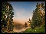 Jezioro, Las, Mgła, Świt, Chorwacja