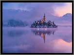 Słowenia, Jezioro Bled, Wyspa, Kościół, Mgła, Góry, Świt