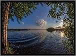 Jezioro, Drzewa, Wschód, Słońca
