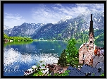 Austria, Alpy Salzburskie, Miasteczko Hallstatt, Jezioro Hallstättersee, Kościółek, Statki wycieczkowe