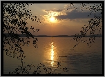 Jezioro, Drzewa, Góry, Zachód, Słońca