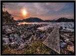 Jezioro, Góry, Kamienie, Zachód słońca