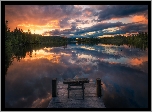 Jezioro Oyangen, Ringerike, Norwegia, Drzewa, Pomost, Ławeczka, Zachód słońca