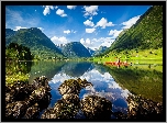 Norwegia, Fiord Innvikfjorden, Sogn og Fjordane, Góry, Kamienie, Kajakarka, Kajak
