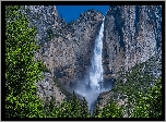 Góry, Drzewa, Wodospad, Upper Yosemite Falls, Park Narodowy Yosemite, Kalifornia, Stany Zjednoczone