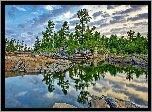 Kamienie, Jezioro, Drzewa, Chmury, Odbicie