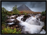 Szkocja, Region Highlands, Góra, Buachaille Etive Mór, Chmury, Rzeka, Kamienie, Drzewa, Paprocie
