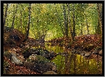 Obraz, Malarstwo, Peder Mork Monsted, Rzeka, Las, Drzewa, Kamienie