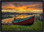 Norwegia, Okręg Rogaland, Zachód słońca, Morze Północne, Łódka, Kamienie