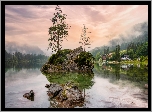 Drzewa, Mgła, Jezioro Hintersee, Skała, Góry, Alpy, Odbicie, Kamienie, Brzeg, Domy, Poranek, Bawaria, Niemcy