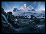 Nepal, Himalaje, Szczyt Ama Dablam, Zima, Góry, Rzeka, Kamienie