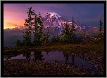 Stany Zjednoczone, Waszyngton, Mount Rainier, Las, Niebo, Góry, Drzewa, Kamienie, Zachód słońca