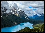 Kanada, Park Narodowy Banff, Góry Canadian Rockies, Jezioro Peyto Lake, Las, Drzewa, Chmury