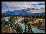Góry, Rzeka Mietle, Świerki, Park Narodowy Jasper, Alberta, Kanada