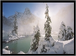 Zima, Góry Nadbrzeżne, Jezioro, Ośnieżone, Drzewa, Mgła, Kolumbia Brytyjska, Kanada