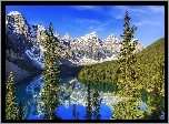 Kanada, Prowincja Alberta, Park Narodowy Banff, Dolina Valley of the Ten Peaks, Jezioro Moraine, Góry, Rzeka, Świerki, Odbicie