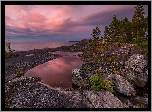 Rosja, Karelia, Jezioro, Ładoga, Skały, Drzewa, Roślinność, Chmury