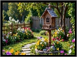 Ogród, Dekoracja, Domek, Karmnik, Kwiaty, Drzewa, Ogrodzenie