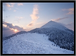 Góry Karpaty, Zima, Las, Wschód słońca, Chmury, Ukraina