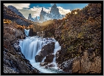 Góry, Szczyt Fitz Roy, Skały, Rzeka, Uskok, Kaskada, Drzewa, Park Narodowy Los Glaciares, Patagonia, Argentyna