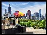 Kiosk, Park, Drzewa, Miasto, Panorama, Chicago
