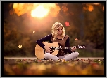 Kobieta, Jesień, Liście, Gitara