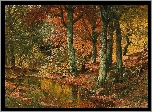 Jesień, Las, Drzewa, Liście, Rzeka, Kamienie, Kobieta, Malarstwo, Obraz, Alois Arnegger