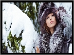 Kobieta, Zimowa, Czapka, Śnieg, Drzewo
