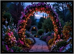 Ogród, Kwiatowy, Łuk, Kolorowe, Kwiaty, Drzewa, Alejka
