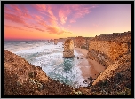 Kolumny wapienne, Dwunastu Apostołów, Klif, Cieśnina Bassa, Morze, Skały, Wybrzeże, Zachód słońca, Park Narodowy Port Campbell, Australia