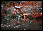 Kompleks świątynny Daigo-ji, Świątynia Benten-do, Mostek, Staw, Jesień, Drzewa, Kioto, Japonia