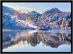 Korea Południowa, Yongbiji, Jezioro, Drzewa, Odbicie, Altana, Zima, Wzgórza