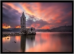Kościół, Church of Sant Roma, Jezioro, Zbiornik, Panta de Sau, Zachód słońca, Prowincja Barcelona, Hiszpania