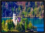 Kościół, Las, Jezioro, Bled, Słowenia