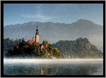 Kościół, Góry, Mgła, Jezioro, Bled, Słowenia