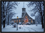 Zima, Kościół, Drzewa, Latarnie, Droga
