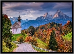 Kościół, Sanktuarium Maria Gern, Jesień, Drzewa, Droga, Góry, Alpy Salzburskie, Berchtesgaden, Bawaria, Niemcy
