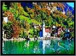 Kościół, Domy, Jezioro, Góry, Las