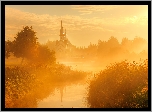 Rosja, Petersburg, Pulkovo Park, Kościół św. Jerzego Zwycięskiego, Zachód słońca, Mgła, Drzewa, Staw Srednerogatsky