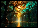 Krajobraz, Sceniczny, Przyroda, Natura, Drzewa, Światło, Odbicia, Woda, Fantasy